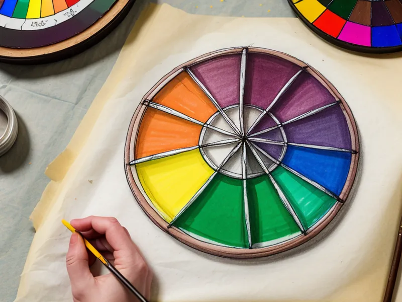 Círculo cromático dibujado a mano junto a una laptop, base de la teoría del color para buttercream