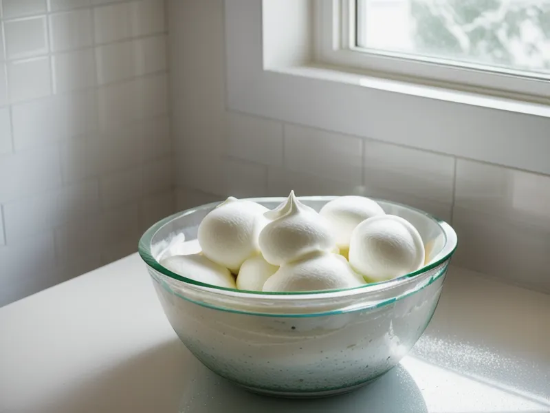 Crema de leche batida a picos suaves para armar capas de postres en vaso, en un bol de vidrio