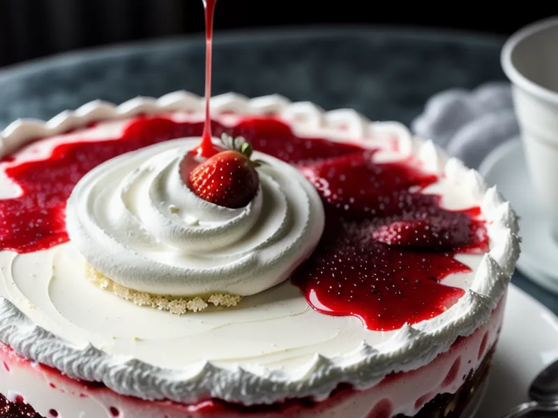 Error de repostería casera: coulis de fresa filtrándose en la crema de un postre en vaso