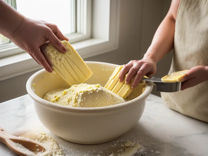 Manos mezclando trozos de mantequilla fría en harina sobre un mostrador de cocina.