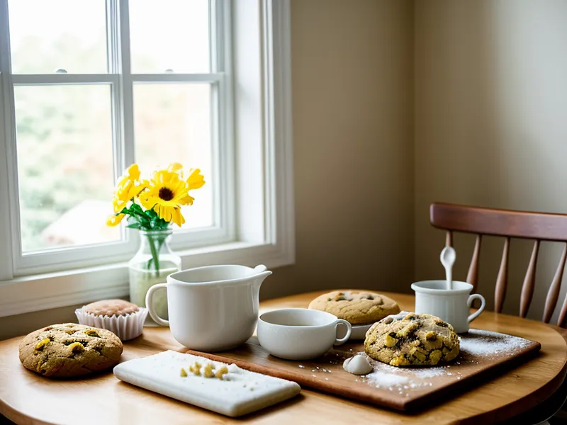 Masa de galletas con cristales de sal visibles en el bol, curso de repostería casera abierto en la laptop al fondo.