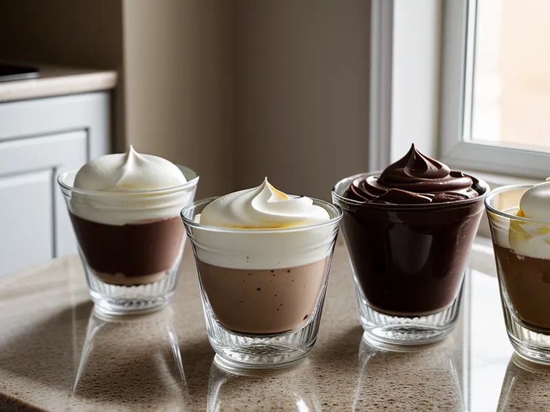 Vasos de vidrio con capas de mousse de chocolate y base oscura sobre mármol.