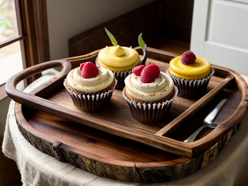 Bandeja de madera con varios postres en vaso de diferentes sabores y colores.