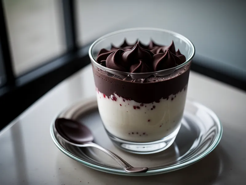 Vaso de postre vacío con una cuchara larga, indicando un postre terminado.
