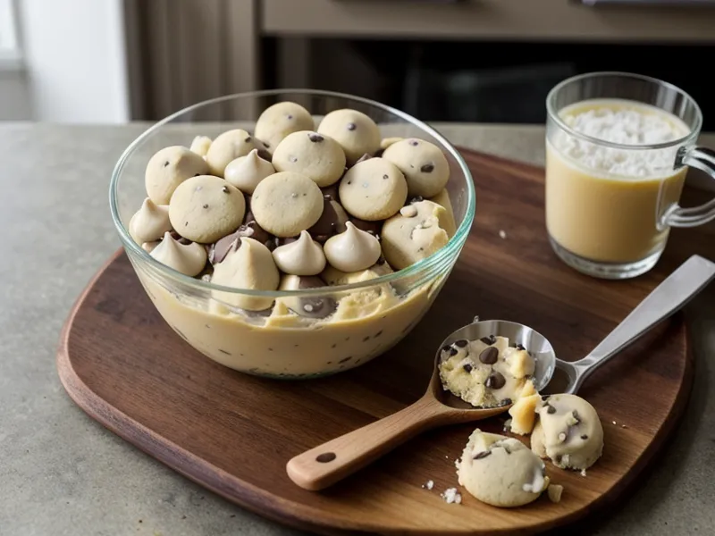 Mano mezclando masa de galletas estilo Nueva York con chispas de chocolate en un bol de vidrio, paso previo a un postre en vaso